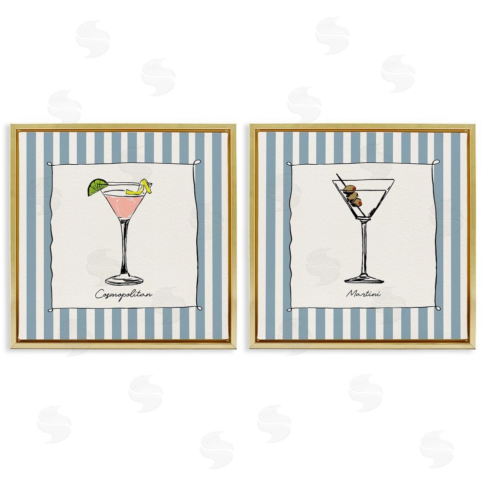 Susan Jill Summer Drinks on Stripes Gold Floating Framed Canvas Wall Art Print