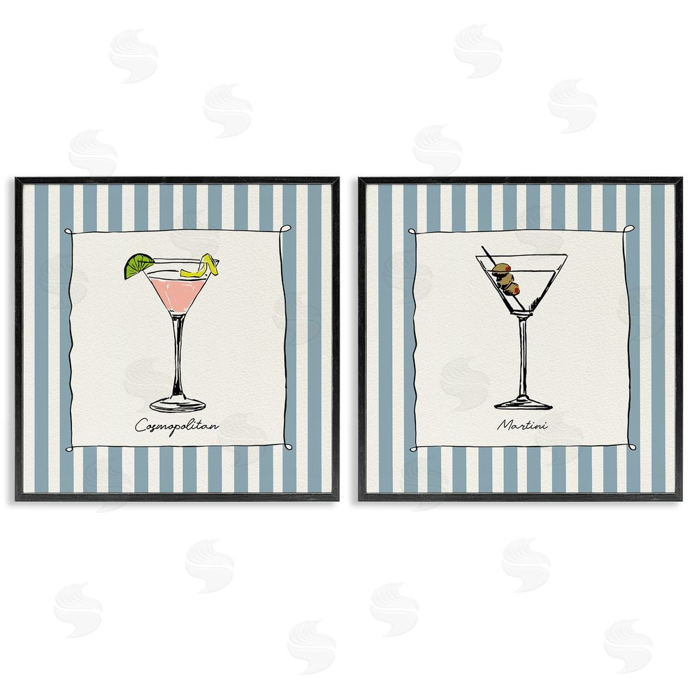 Susan Jill Summer Drinks on Stripes Black Framed Giclee Wall Art Print