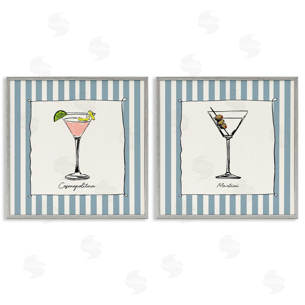 Susan Jill Summer Drinks on Stripes Gray Framed Giclee Wall Art Print