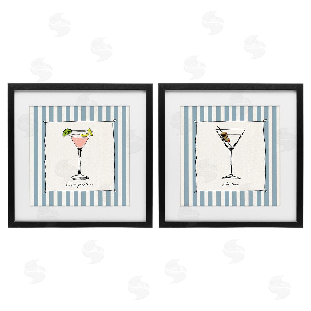 Susan Jill Summer Drinks on Stripes Black Framed Print Under Glass with White Mat Wall Art