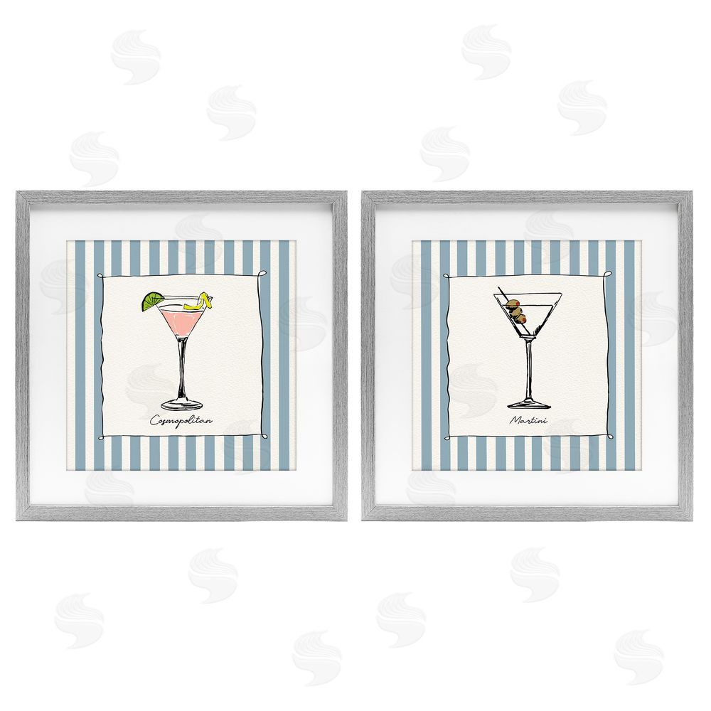 Susan Jill Summer Drinks on Stripes Gray Framed Print Under Glass with White Mat Wall Art