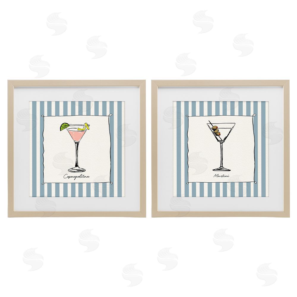 Susan Jill Summer Drinks on Stripes Brown Framed Print Under Glass with White Mat Wall Art