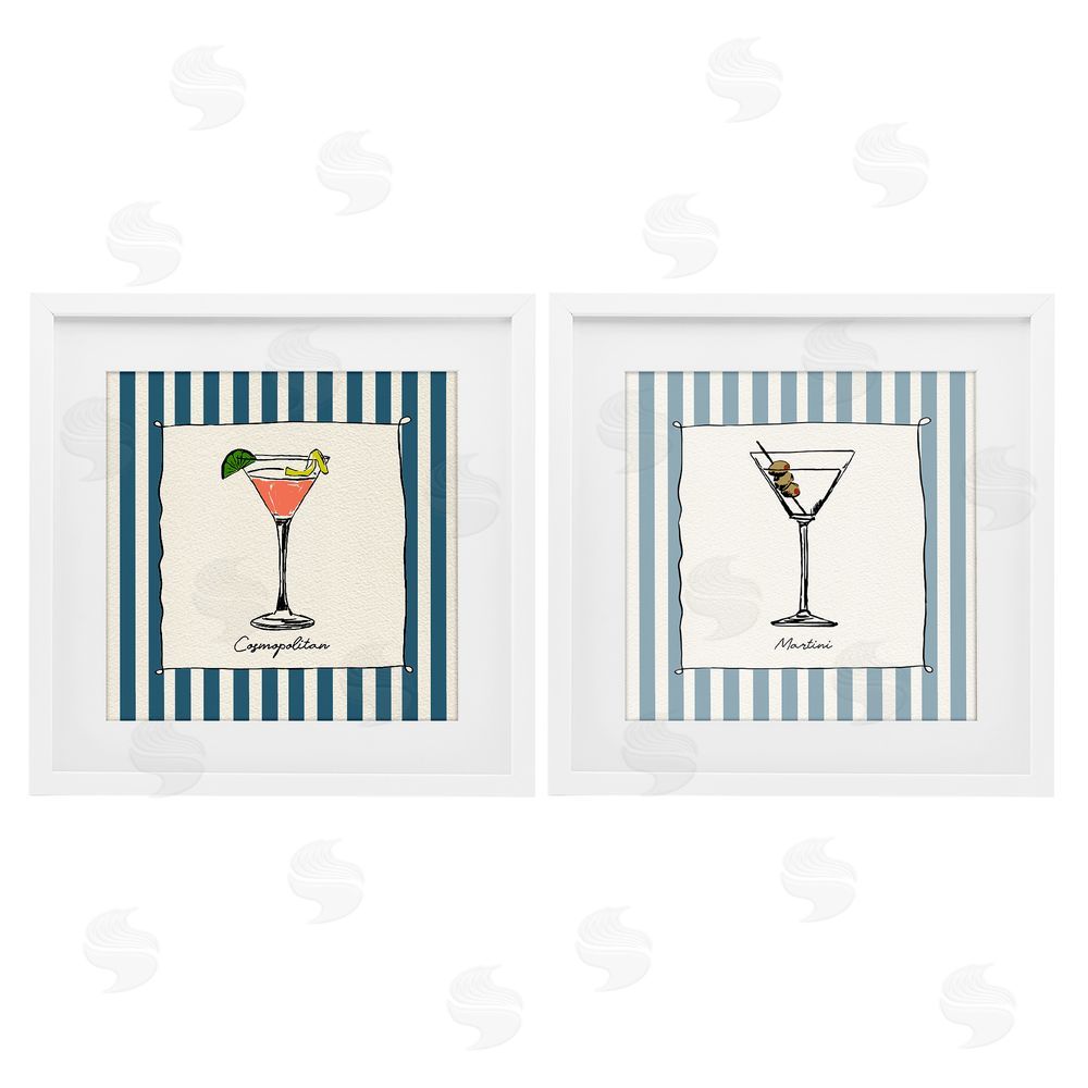 Susan Jill Summer Drinks on Stripes White Framed Print Under Glass with White Mat Wall Art