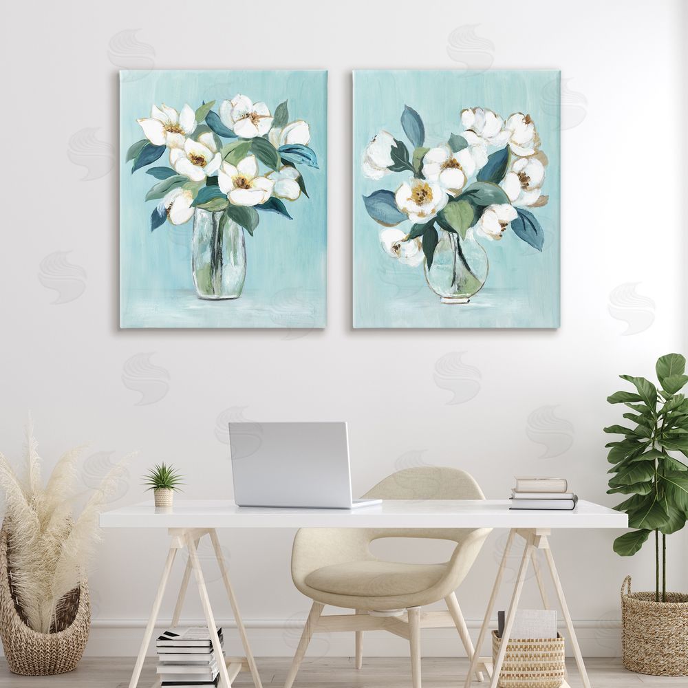 Janet Tava Magnolia Blossom Vases Stretched Canvas Wall Art in Room