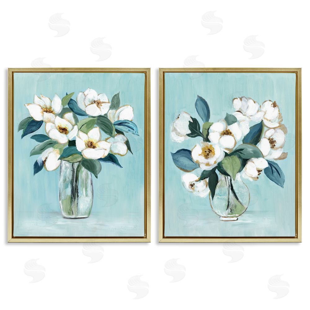 Janet Tava Magnolia Blossom Vases Gold Floating Framed Canvas Wall Art