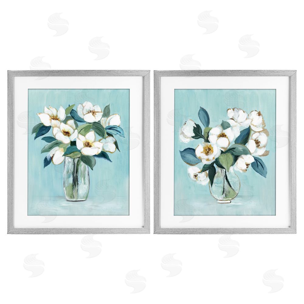 Janet Tava Magnolia Blossom Vases Gray Framed Print Under Glass Wall Art