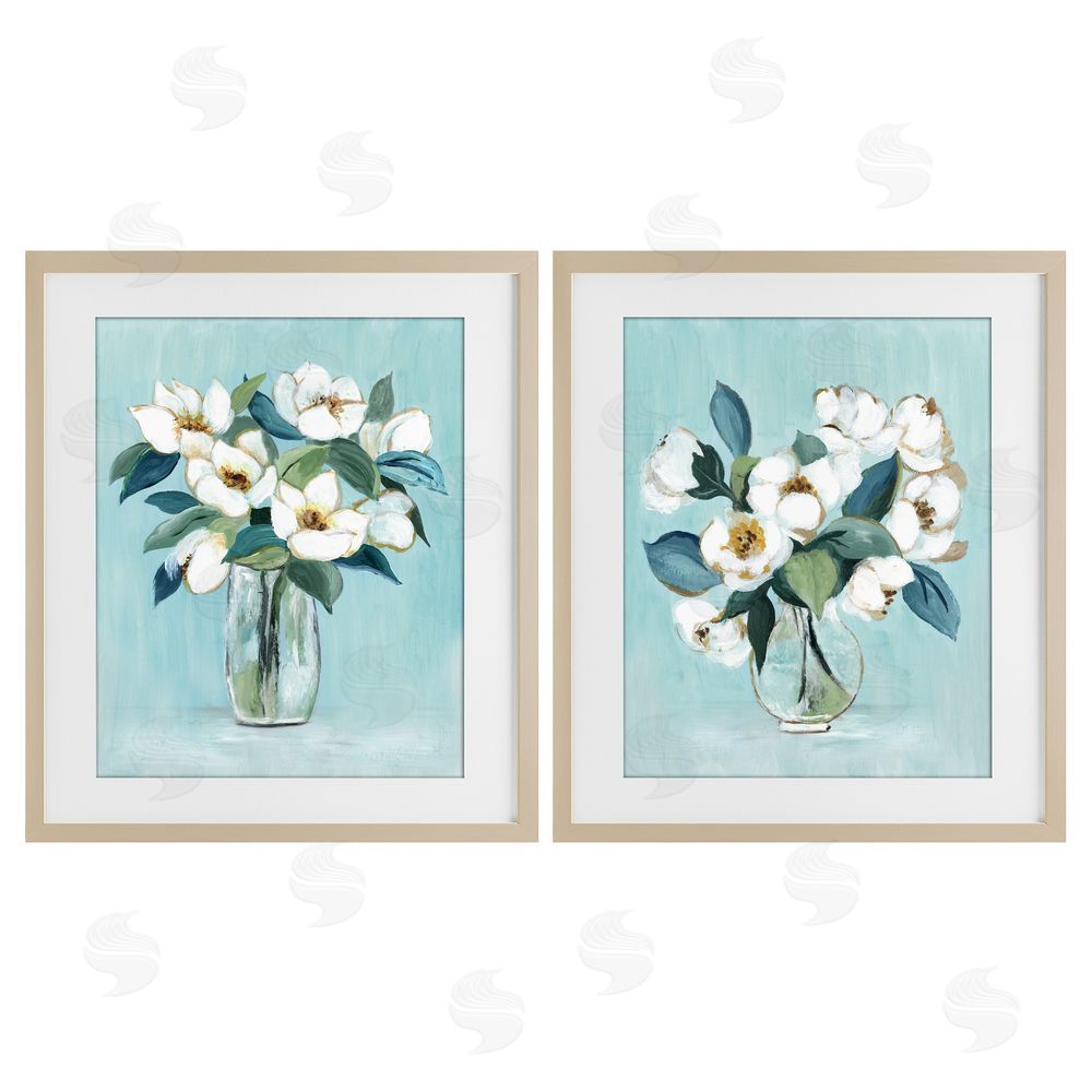 Janet Tava Magnolia Blossom Vases Brown Framed Print Under Glass Wall Art