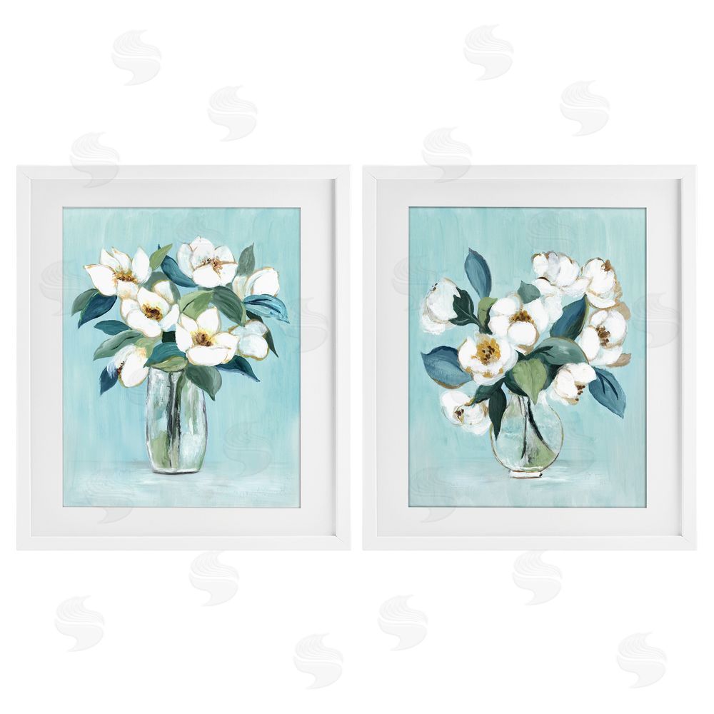 Janet Tava Magnolia Blossom Vases White Framed Print Under Glass Wall Art