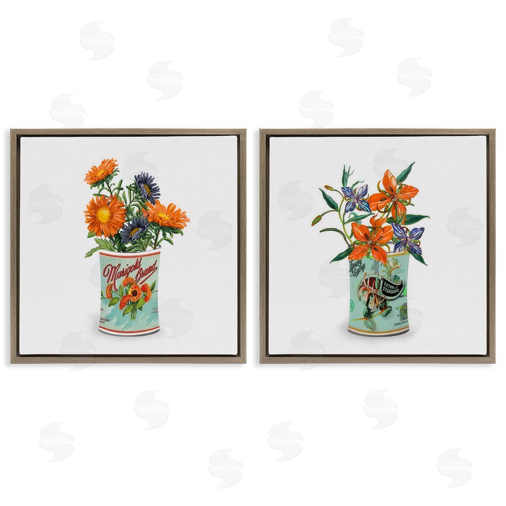 Val Rhodes Nostalgic Marigold & Lily Bouquets Brown Floating Framed Canvas Wall Art