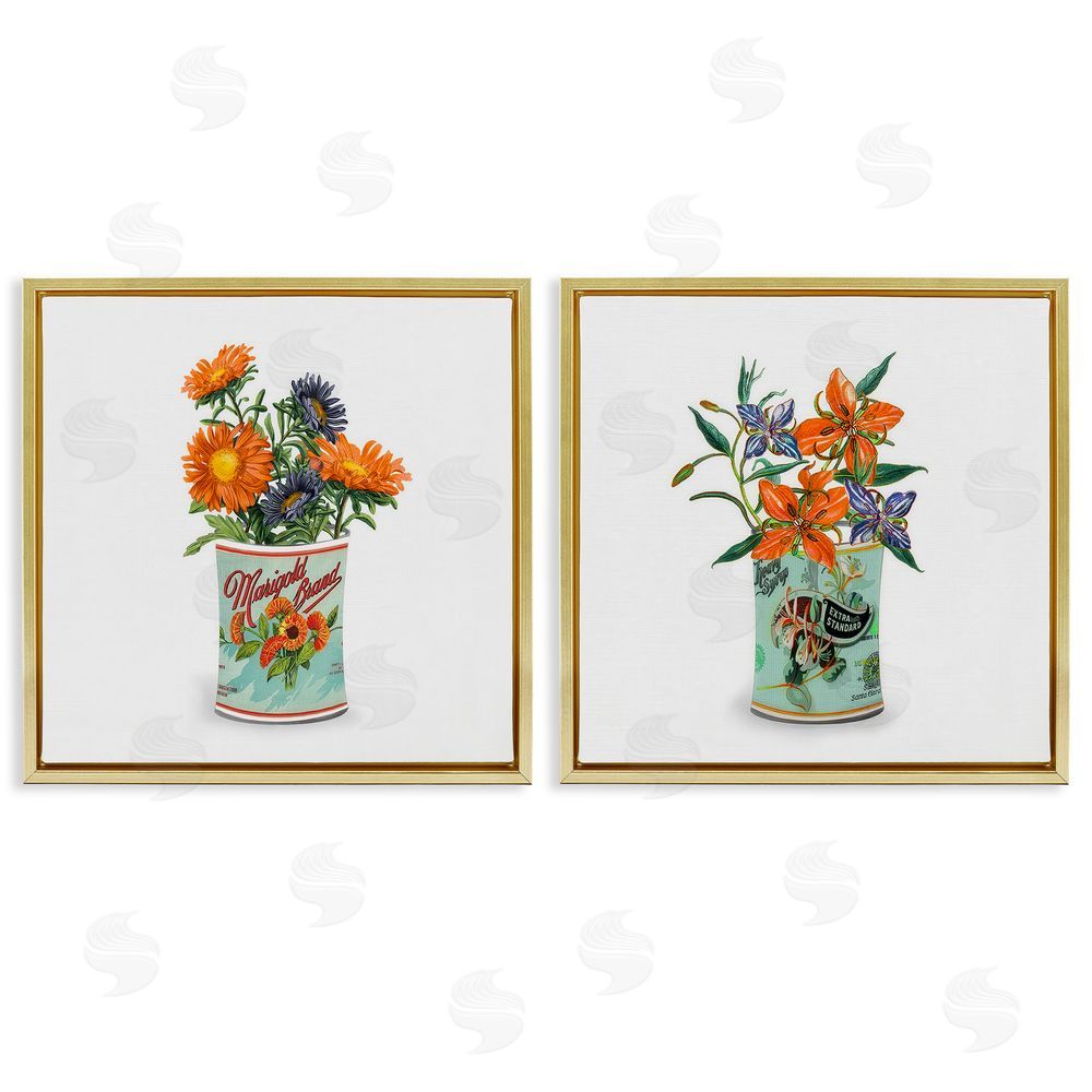 Val Rhodes Nostalgic Marigold & Lily Bouquets Gold Floating Framed Canvas Wall Art