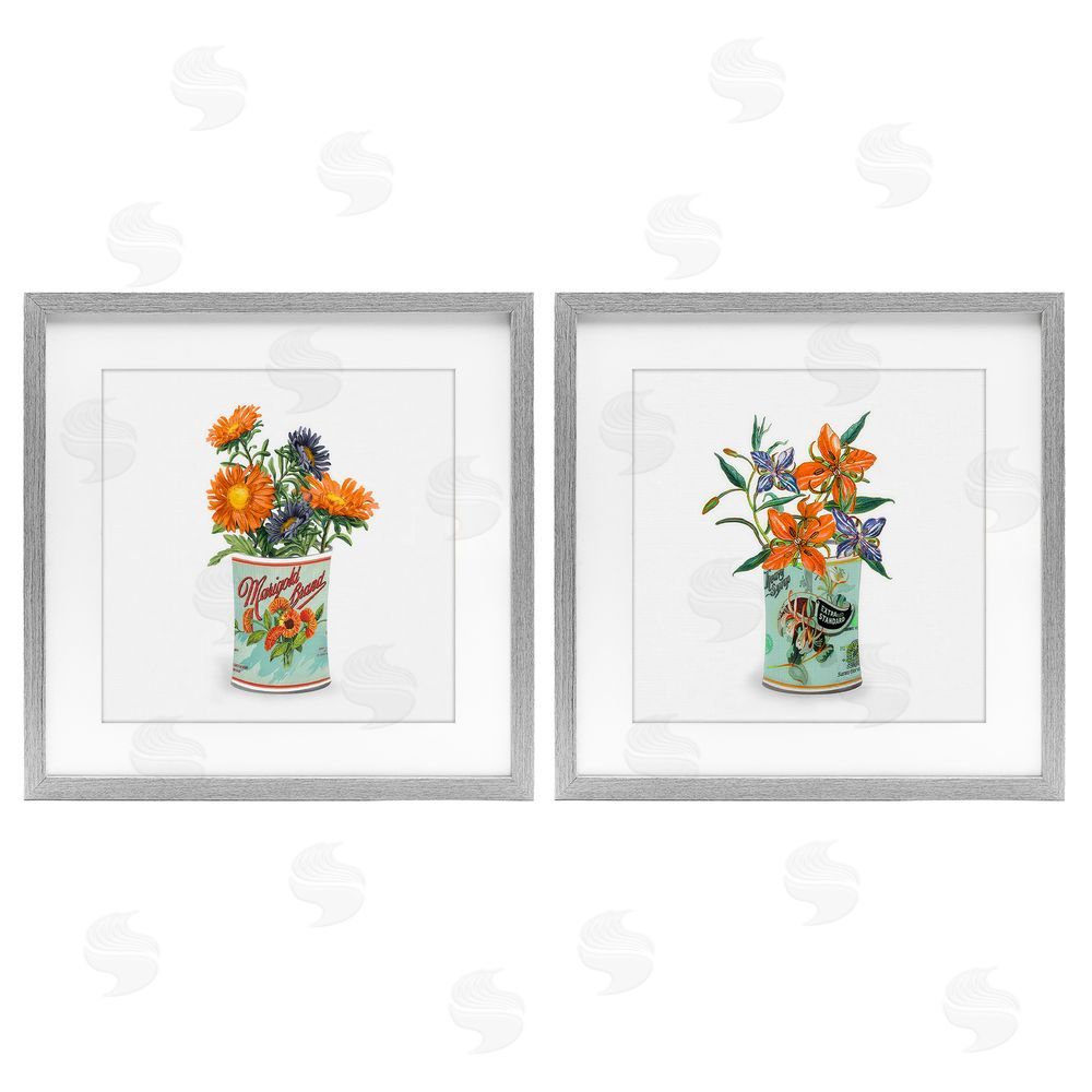 Val Rhodes Nostalgic Marigold & Lily Bouquets Gray Framed Print Under Glass Wall Art