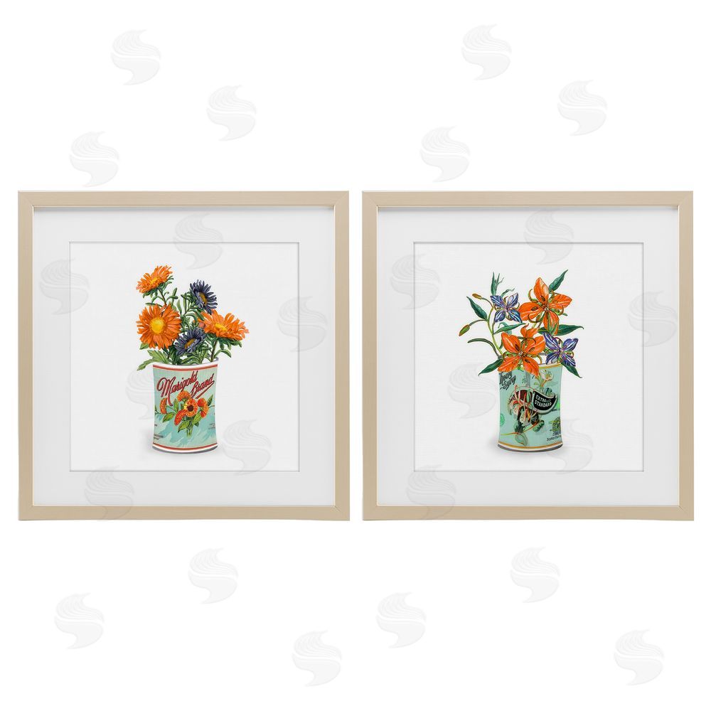 Val Rhodes Nostalgic Marigold & Lily Bouquets Brown Framed Print Under Glass Wall Art