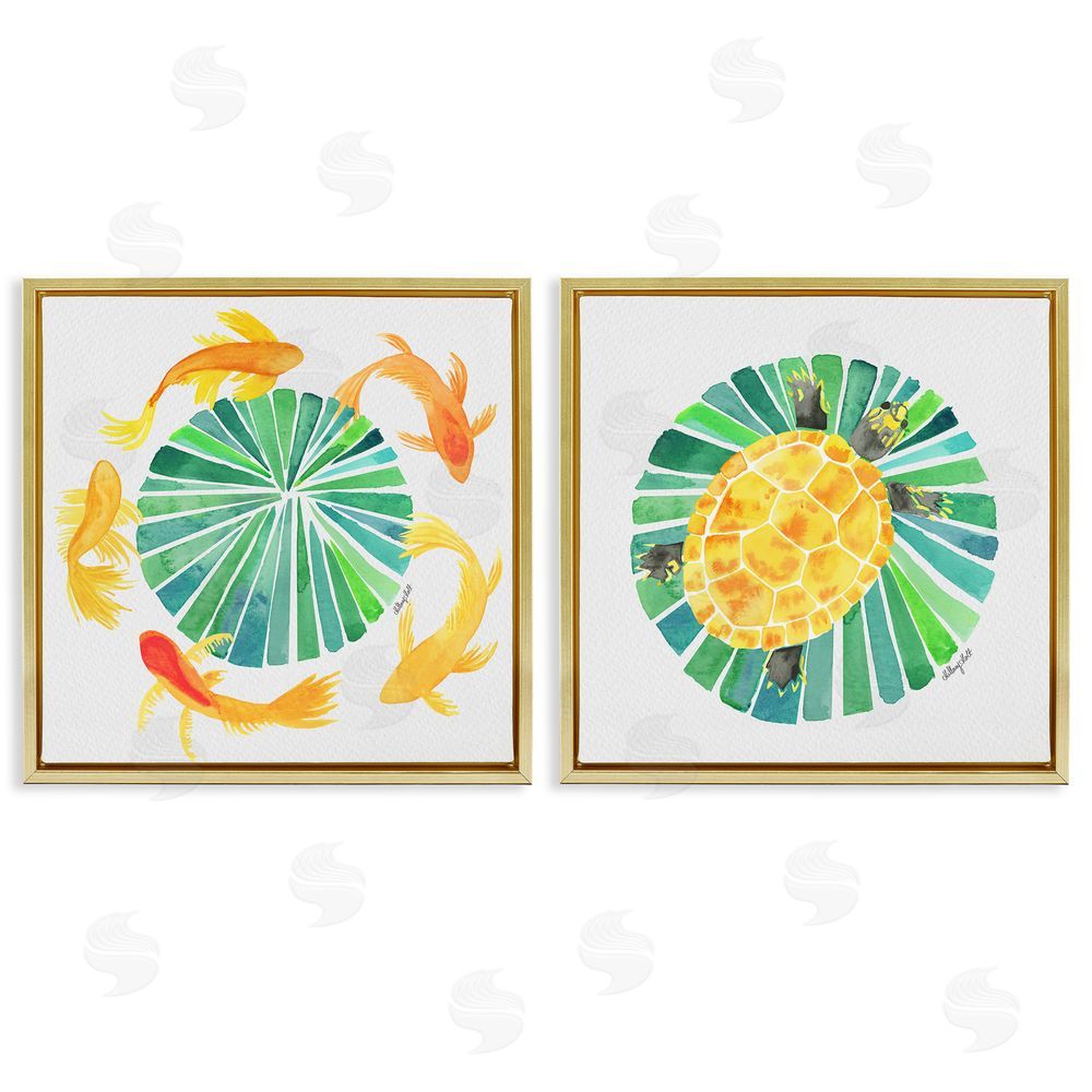 Hillary Holt Orbital Aquatic Creatures Gold Floating Framed Canvas Wall Art