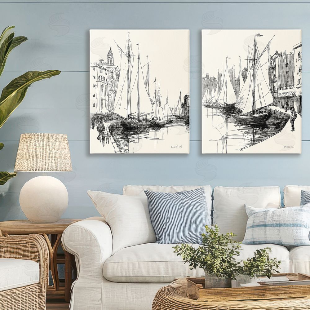 Danhui Nai Coastal Sketch by Harbor Stretched Cavas Wall Art Set in Room