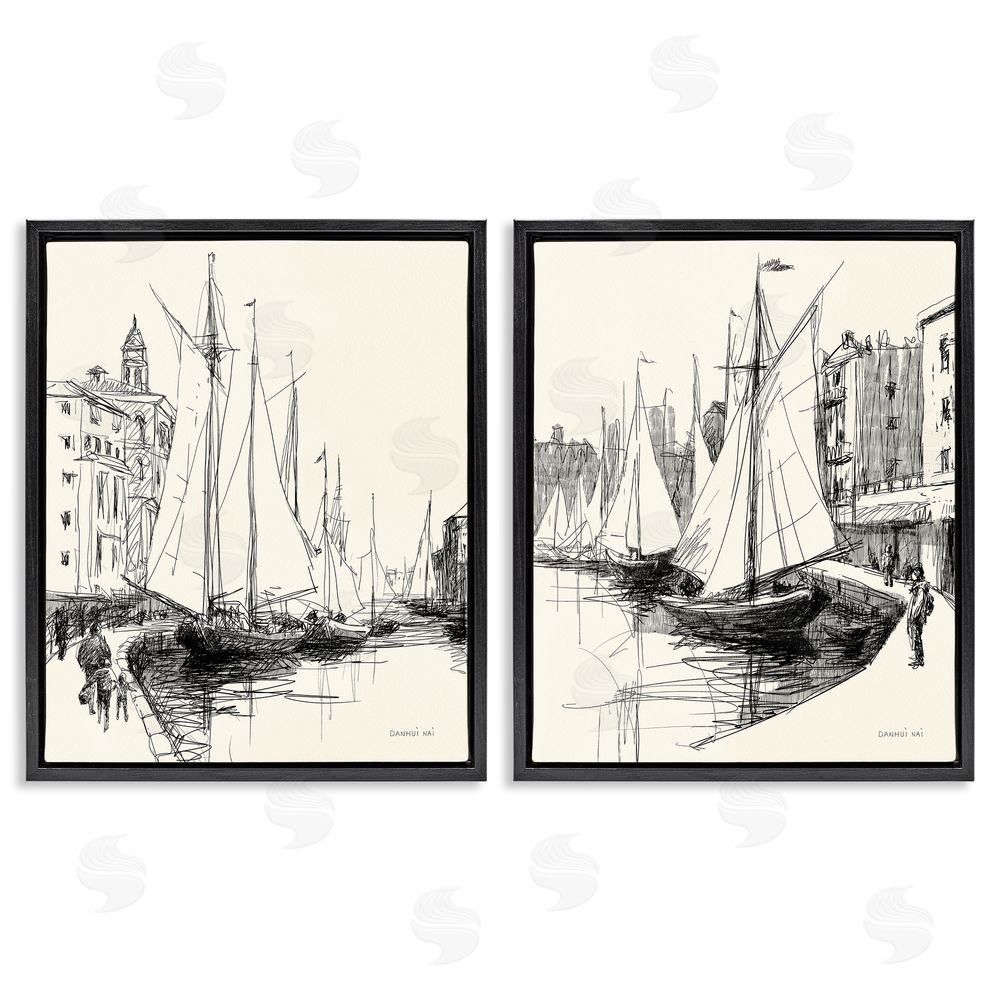 Danhui Nai Coastal Sketch by Harbor Black Floating Frame Canvas Wall Art Print
