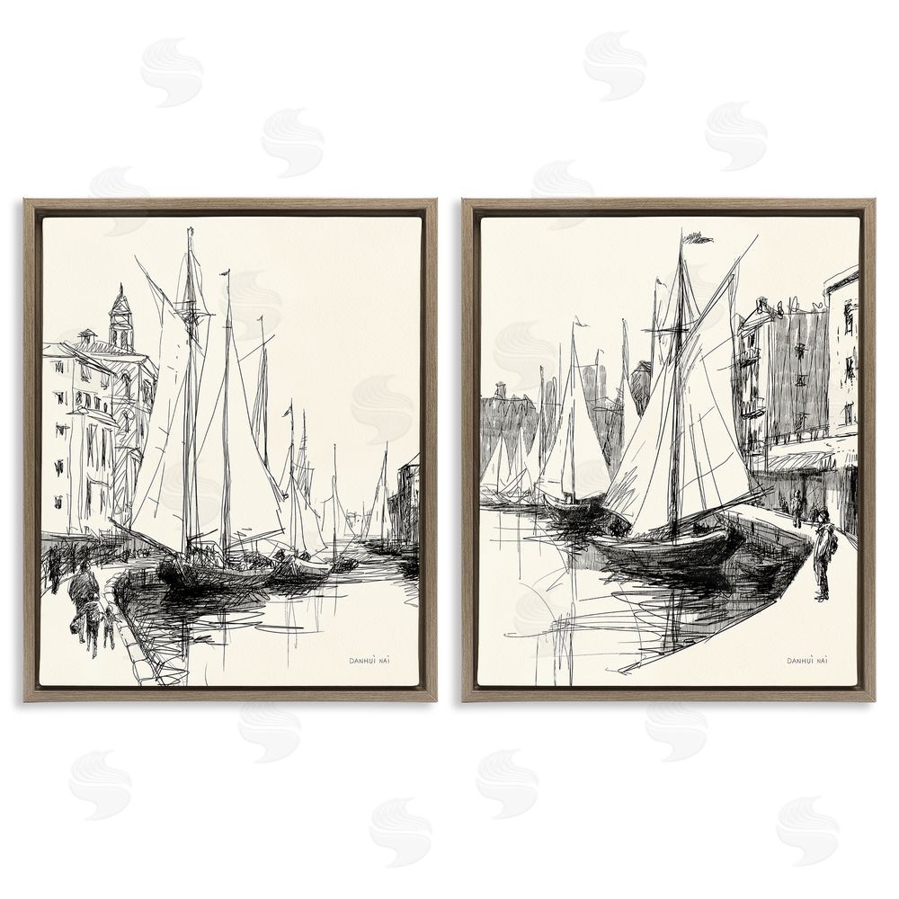 Danhui Nai Coastal Sketch by Harbor Brown Floating Frame Canvas Wall Art Print