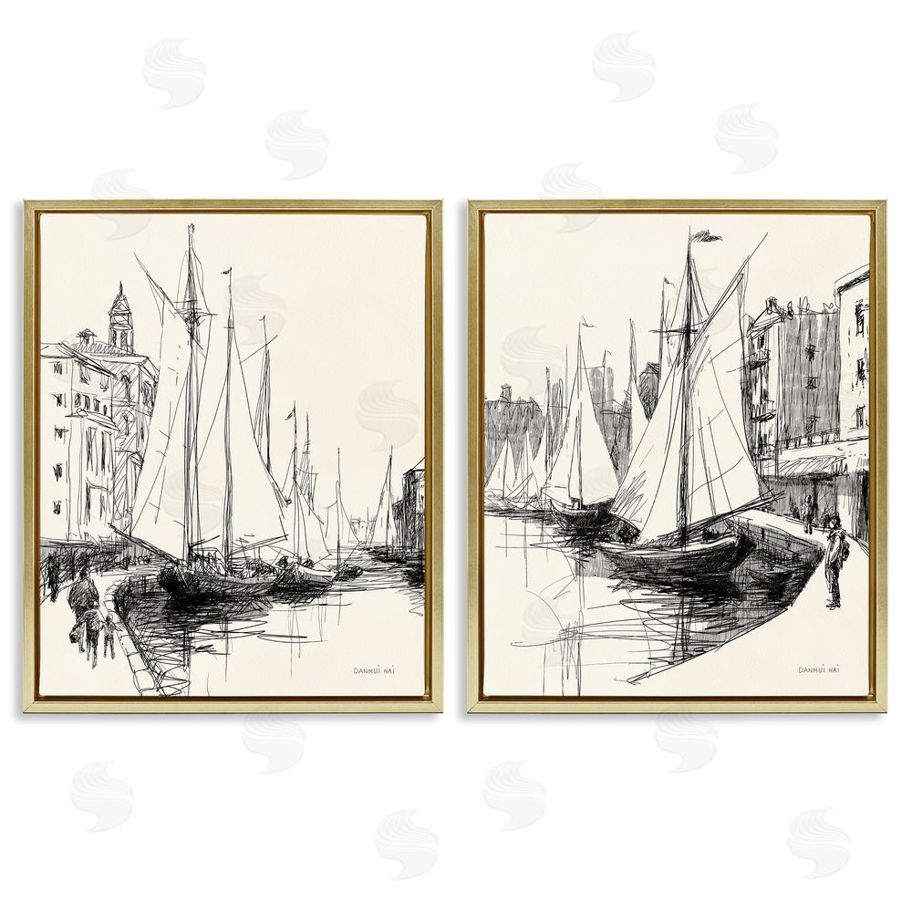 Danhui Nai Coastal Sketch by Harbor Gold Floating Frame Canvas Wall Art Print