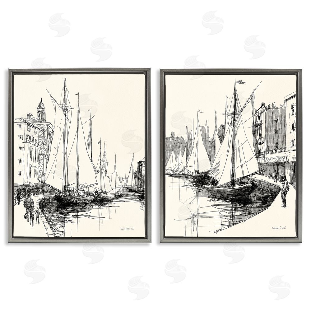Danhui Nai Coastal Sketch by Harbor Gray Floating Frame Canvas Wall Art Print