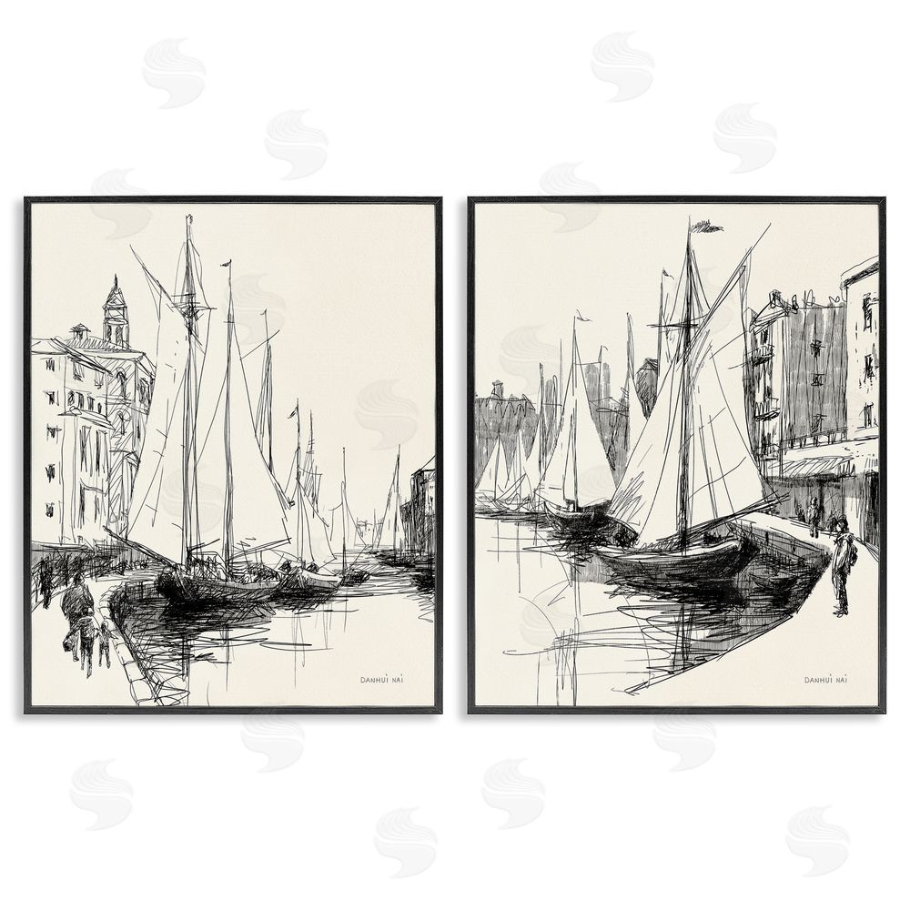 Danhui Nai Coastal Sketch by Harbor Black Framed Giclee Wall Art Print