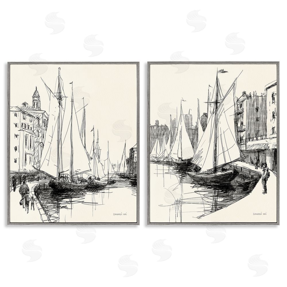 Danhui Nai Coastal Sketch by Harbor Gray Framed Giclee Wall Art Print