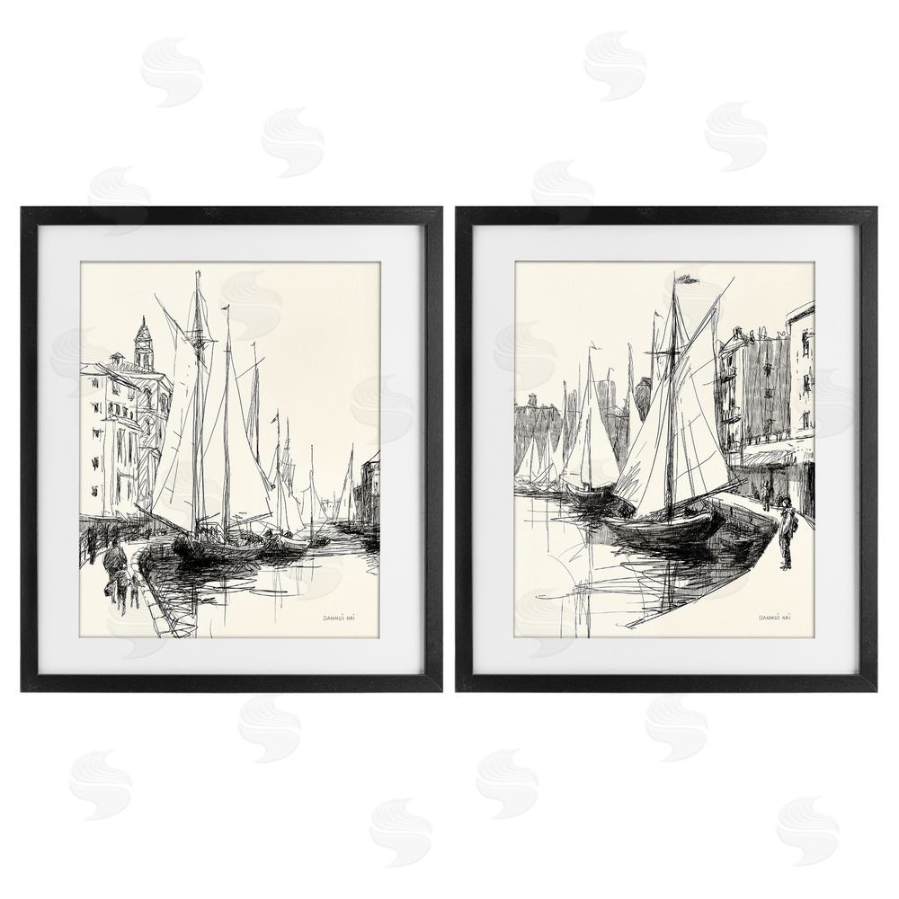 Danhui Nai Coastal Sketch by Harbor Black Framed Print Under Glass Wall Art