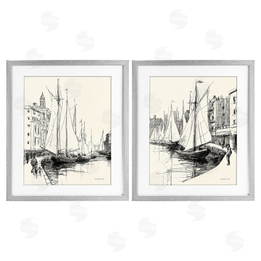 Danhui Nai Coastal Sketch by Harbor Gray Framed Print Under Glass Wall Art