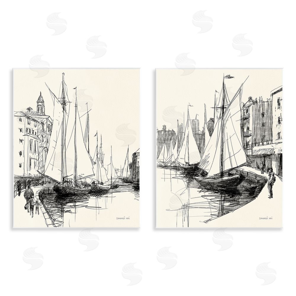 Danhui Nai Coastal Sketch by Harbor Wooden Wall Plaque Art Print