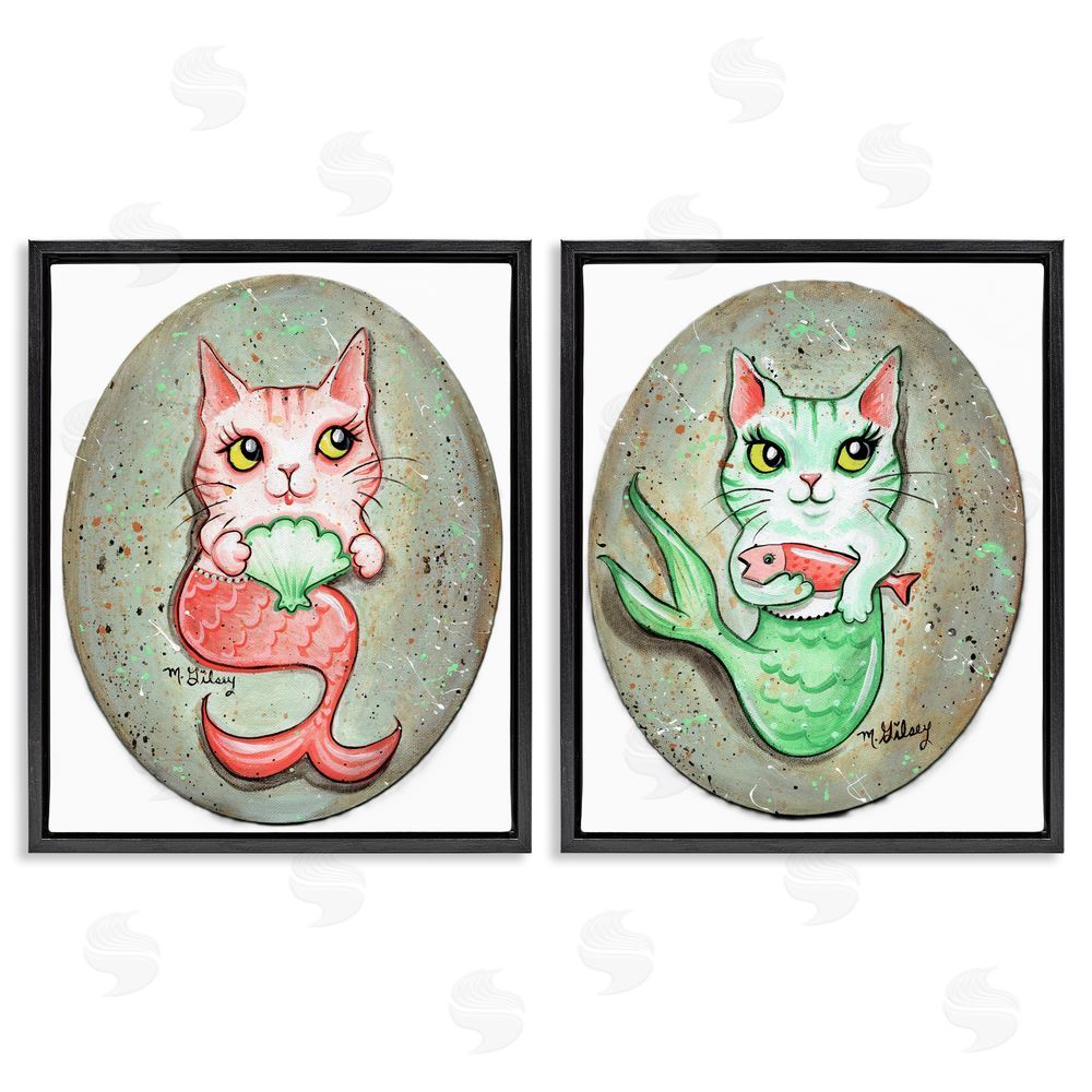 Michelle Gilsey Cat Mermaids & Seashells Black Floating Frame Canvas Wall Art Print