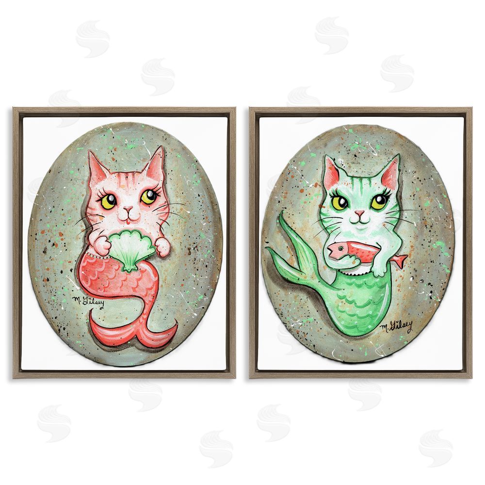 Michelle Gilsey Cat Mermaids & Seashells Brown Floating Frame Canvas Wall Art Print