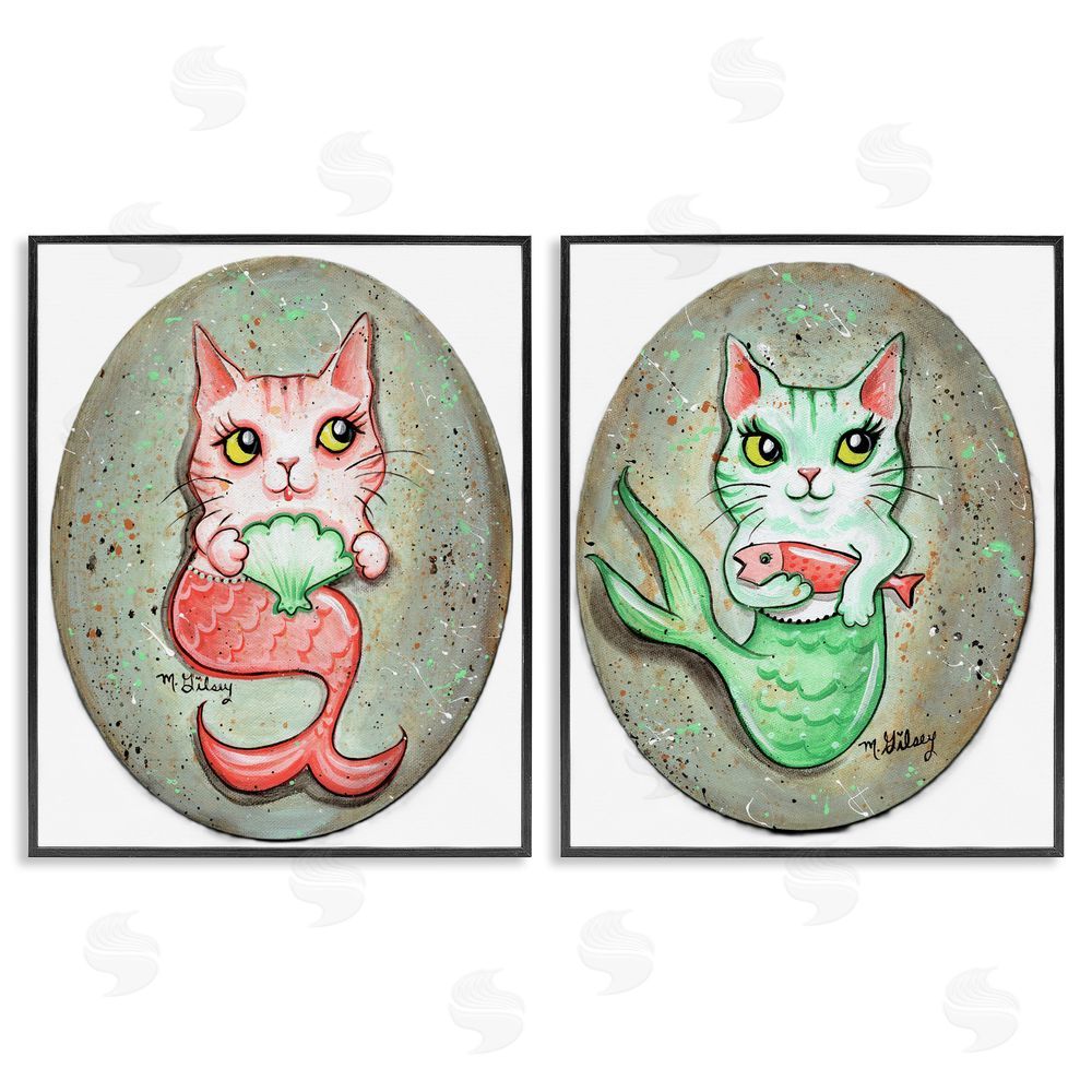 Michelle Gilsey Cat Mermaids & Seashells Black Framed Giclee Wall Art Print