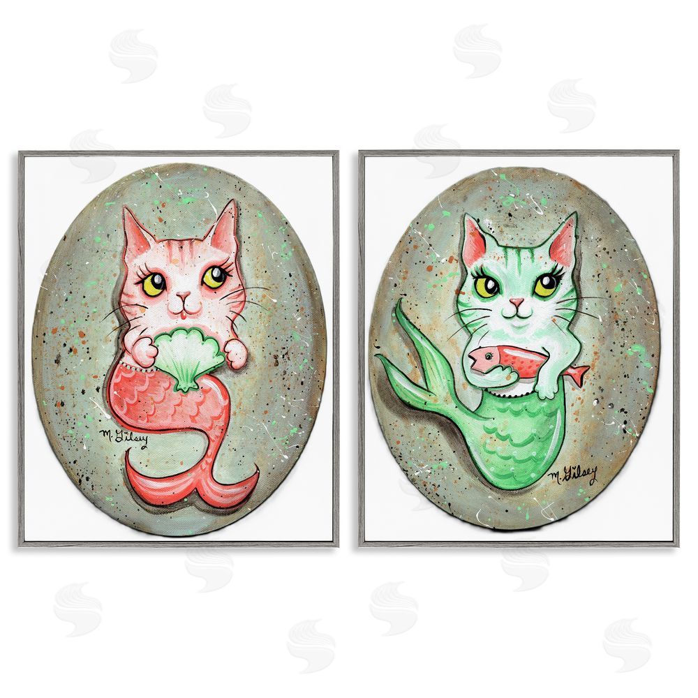 Michelle Gilsey Cat Mermaids & Seashells Gray Framed Giclee Wall Art Print