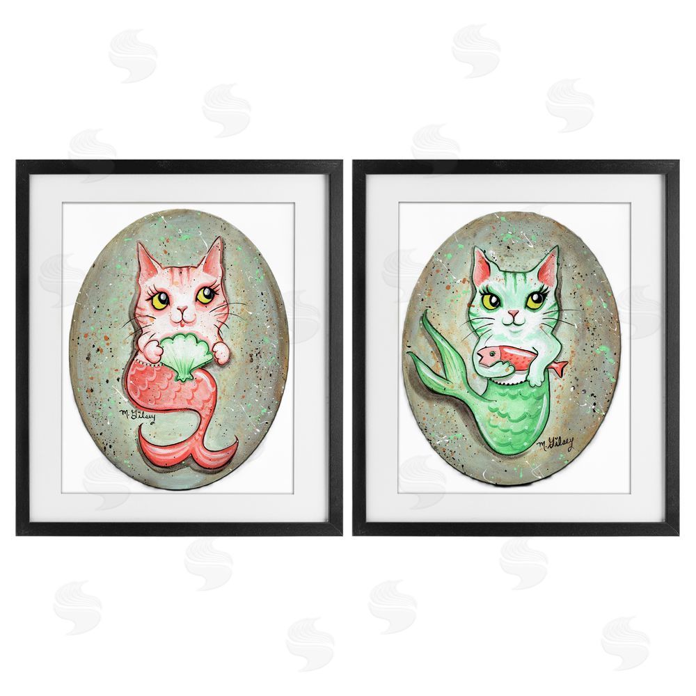 Michelle Gilsey Cat Mermaids & Seashells Black Framed Print Under Glass Wall Art