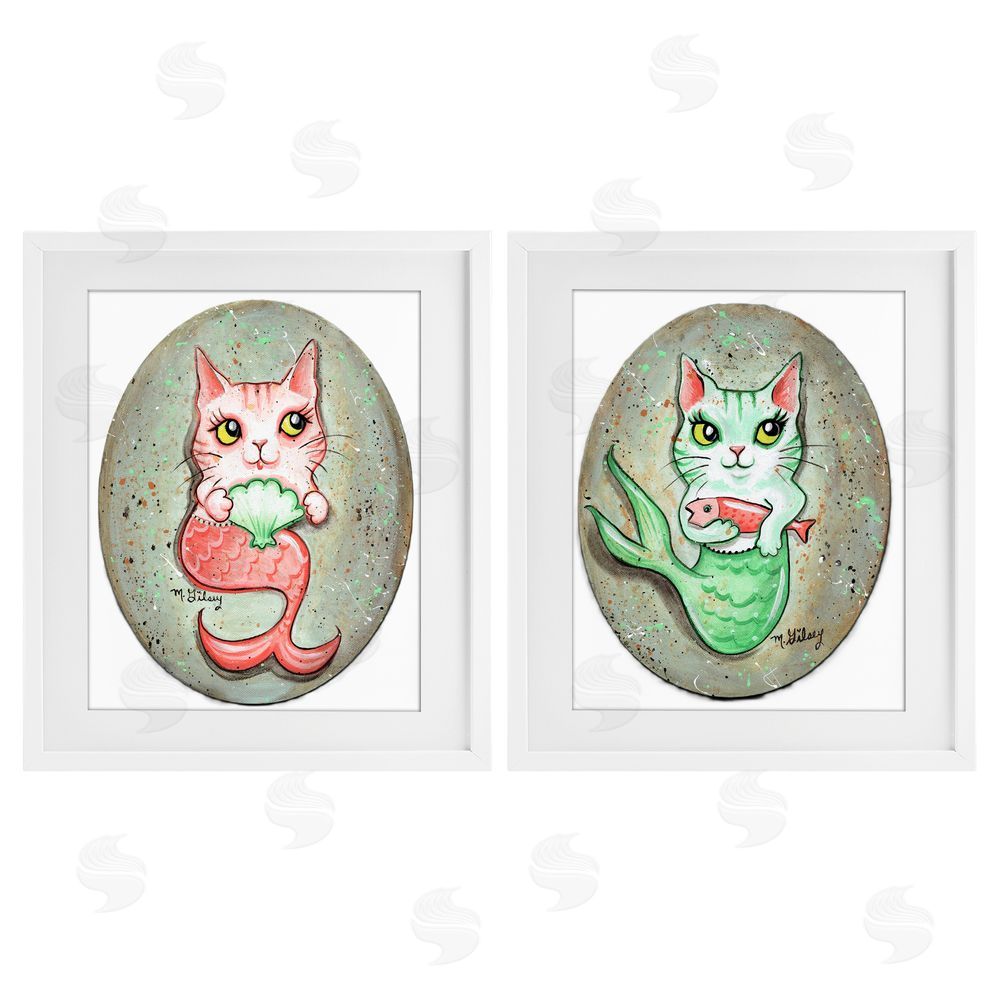 Michelle Gilsey Cat Mermaids & Seashells White Framed Print Under Glass Wall Art