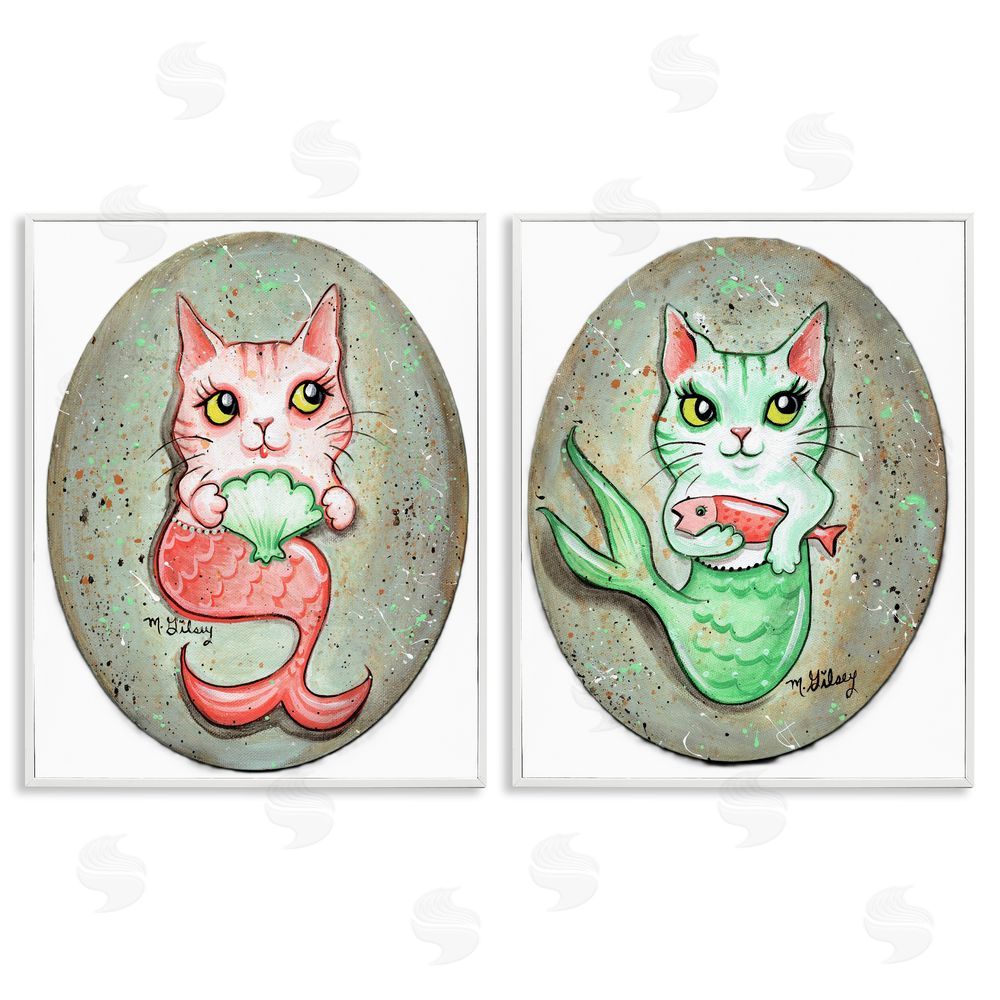 Michelle Gilsey Cat Mermaids & Seashells White Framed Giclee Wall Art Print