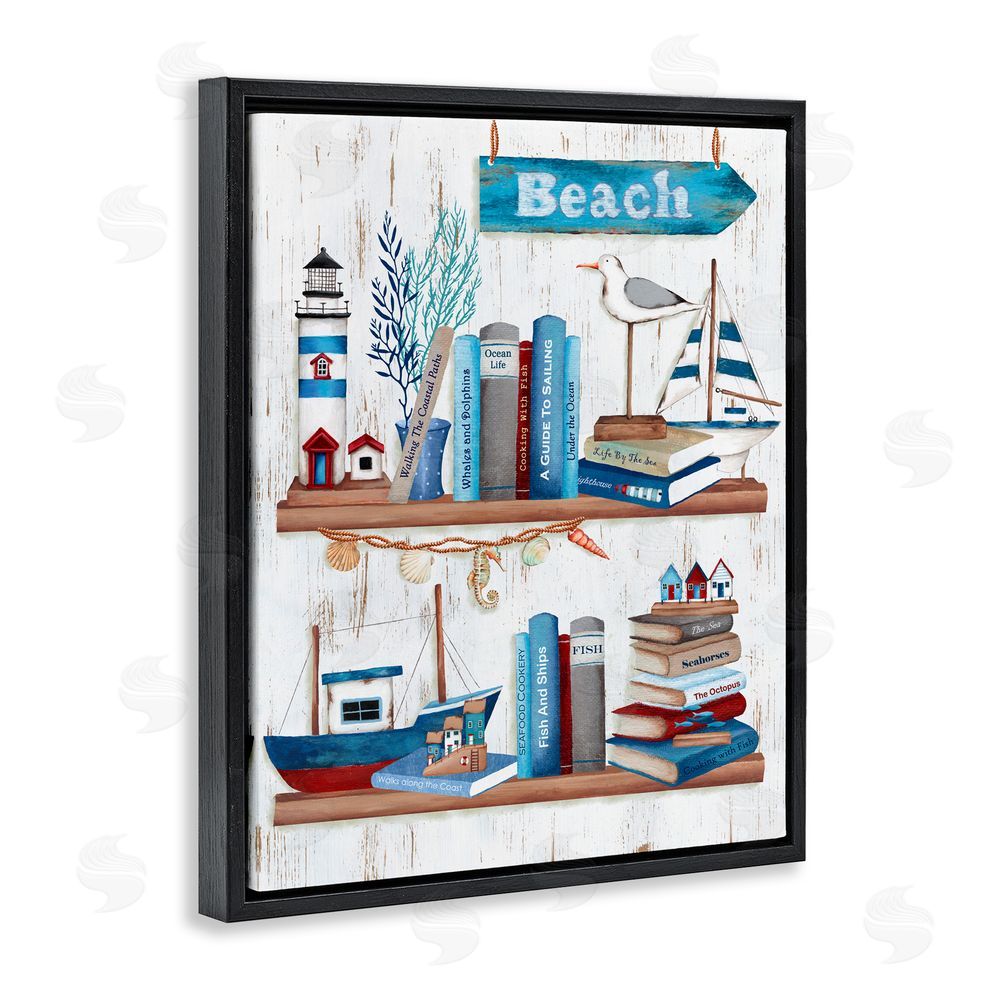 Emma Leach Nautical Books on Shelf Black Floating Frame Canvas Wall Art Print
