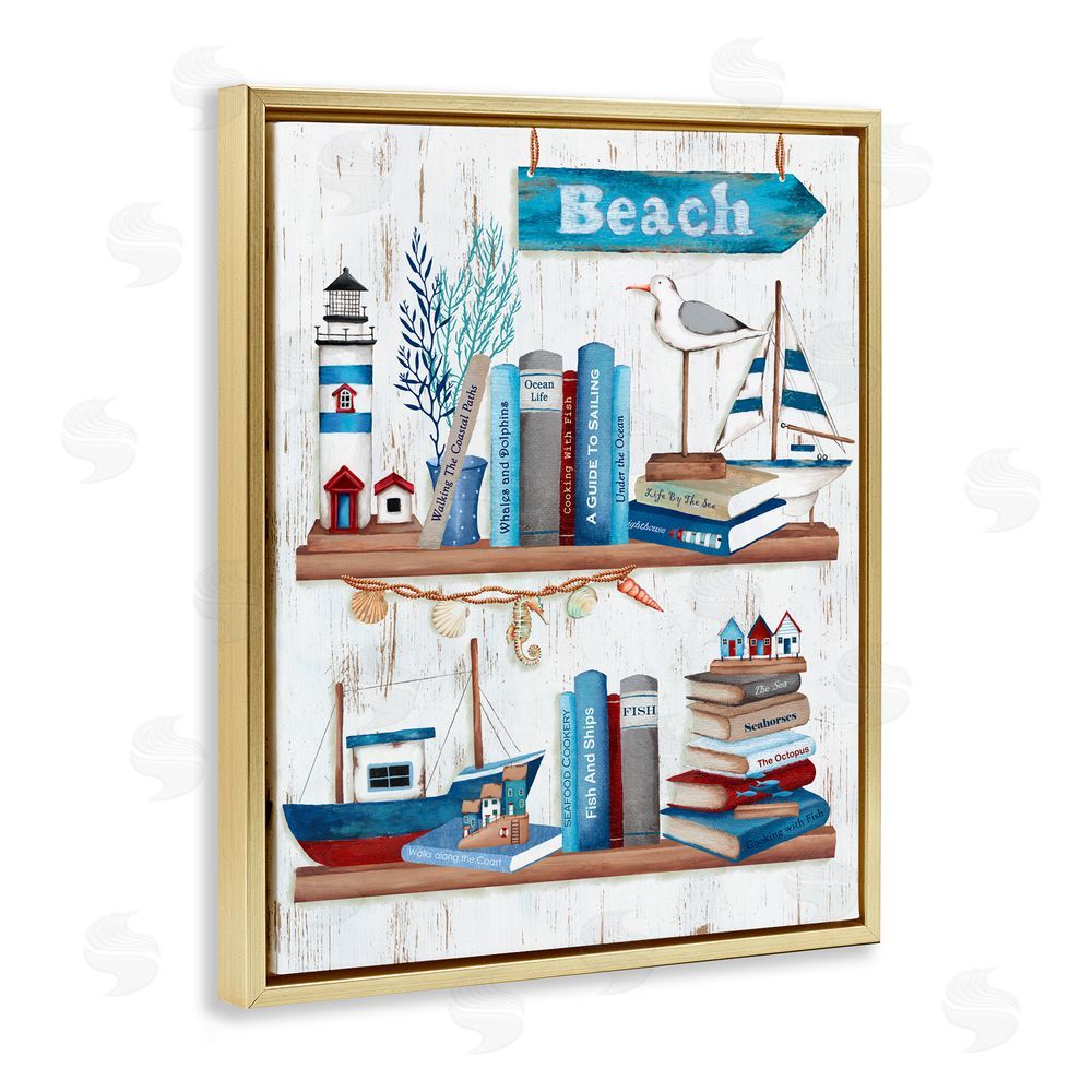 Emma Leach Nautical Books on Shelf Gold Floating Frame Canvas Art Print