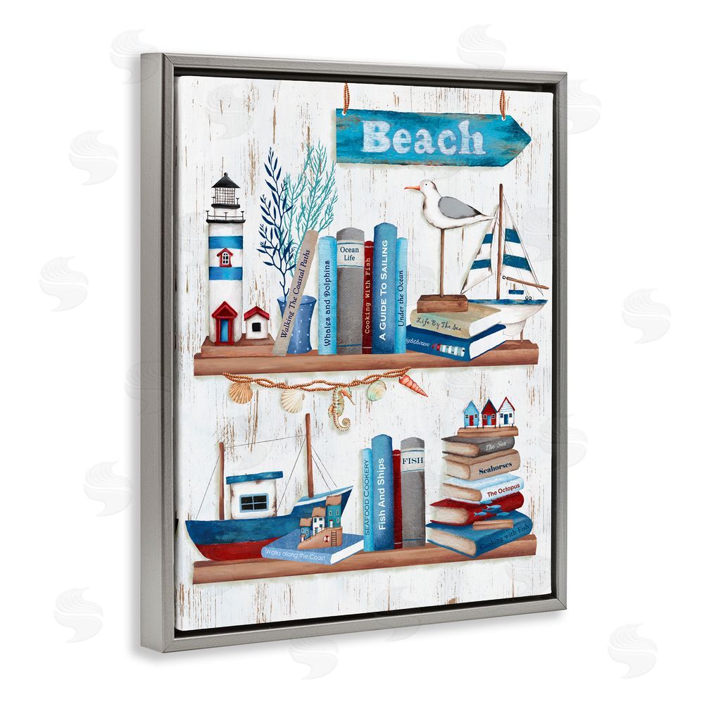 Emma Leach Nautical Books on Shelf Gray Floating Frame Canvas Art Print