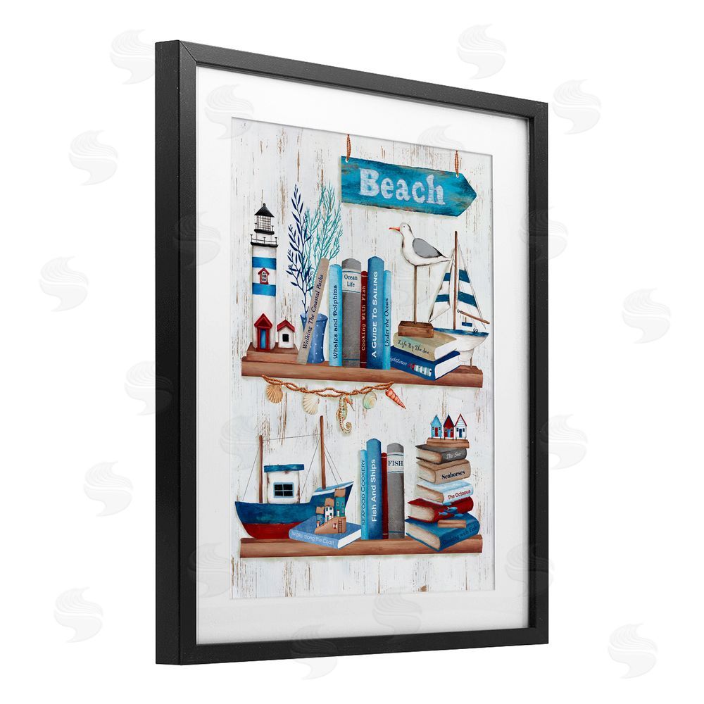 Emma Leach Nautical Books on Shelf Black Framed Print Under Glass Art