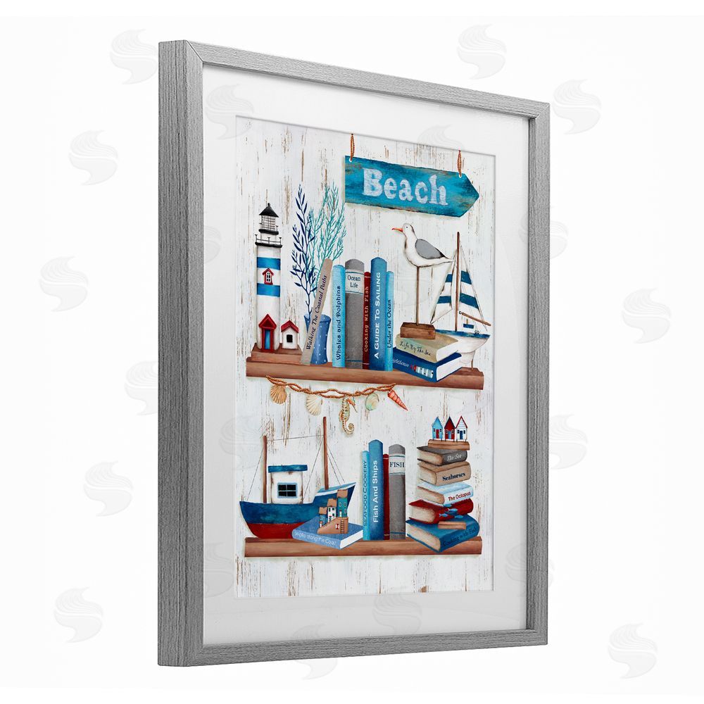 Emma Leach Nautical Books on Shelf Gray Framed Print Under Glass Art