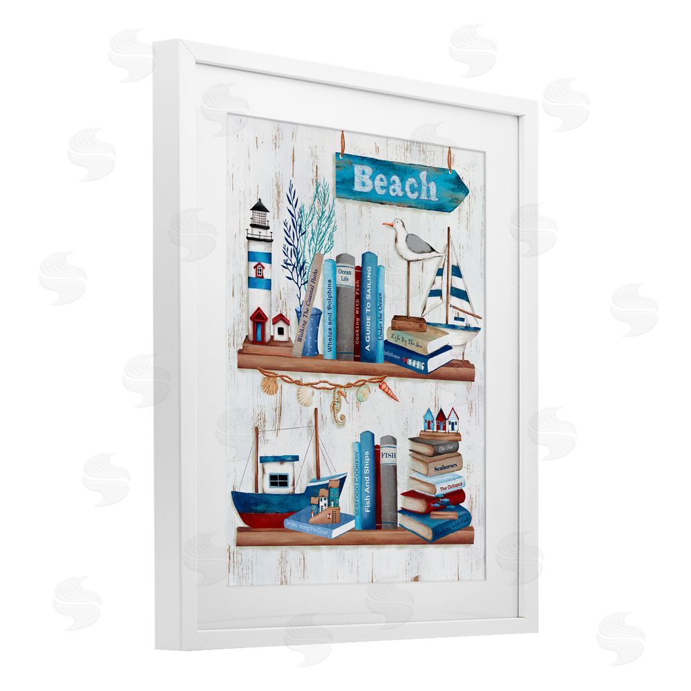 Emma Leach Nautical Books on Shelf White Framed Print Under Glass Art