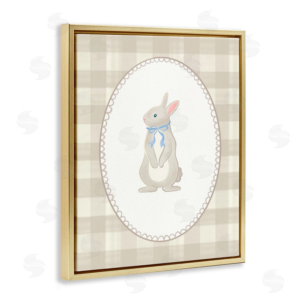 The Paper Curator Bunny on Green Plaid Gold Floating Frame Canvas Wall Art Print