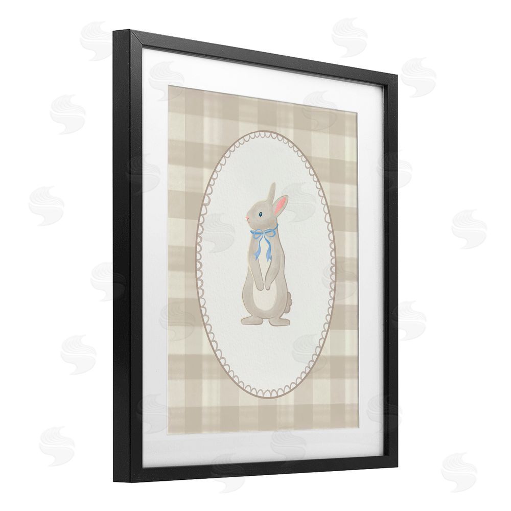 The Paper Curator Bunny on Green Plaid Black Framed Print Under Glass with White Mat Wall Art