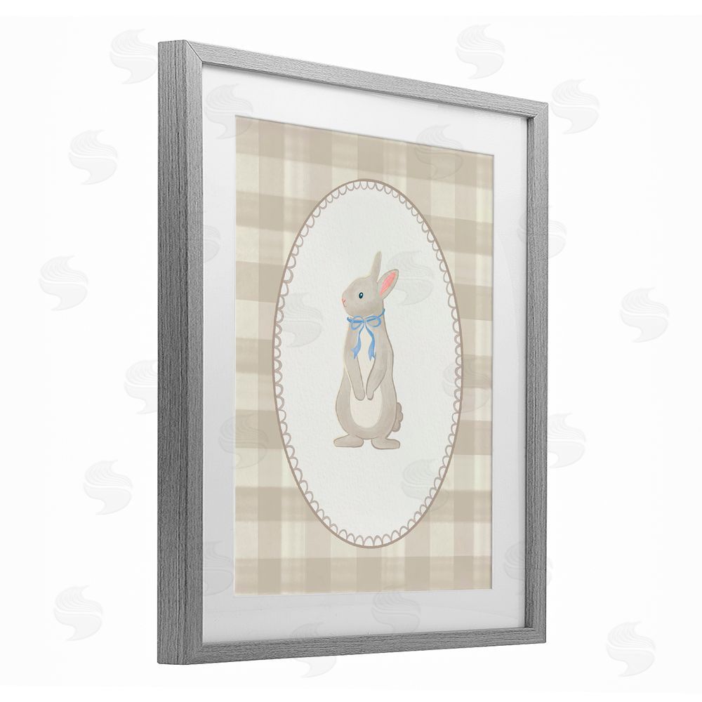 The Paper Curator Bunny on Green Plaid Gray Framed Print Under Glass with White Mat Wall Art