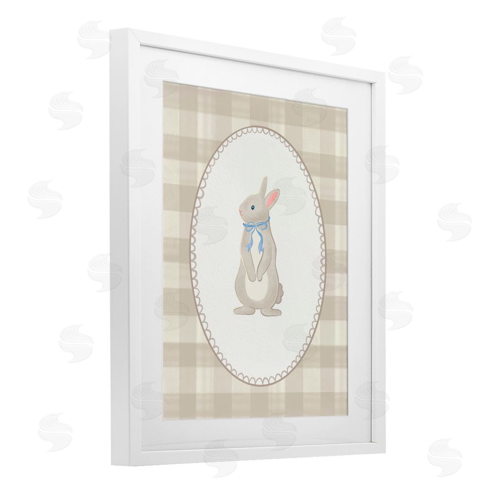 The Paper Curator Bunny on Green Plaid White Framed Print Under Glass with Mat Wall Art
