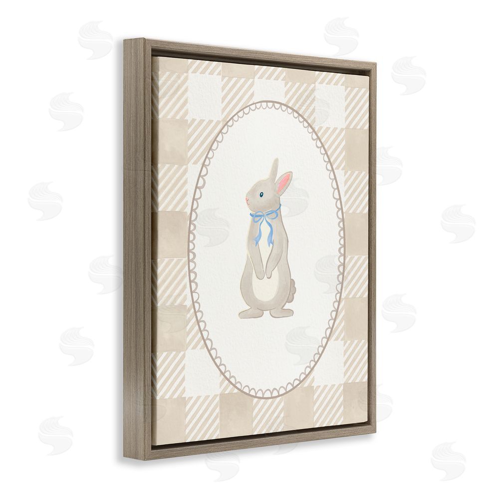 The Paper Curator Bunny on Green Gingham Brown Floating Frame Canvas Wall Art Print
