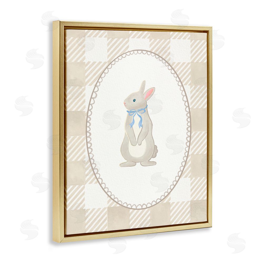 The Paper Curator Bunny on Green Gingham Gold Floating Frame Canvas Wall Art Print