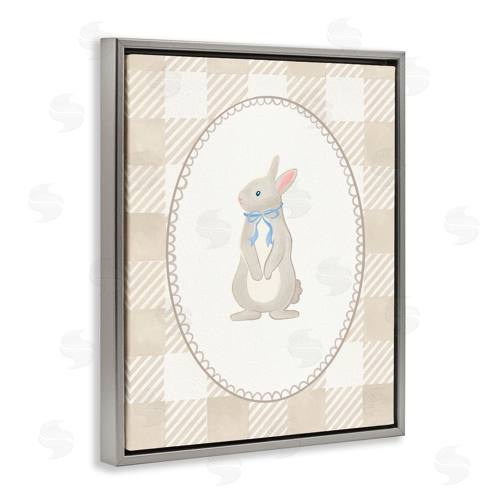 The Paper Curator Bunny on Green Gingham Gray Floating Frame Canvas Wall Art Print