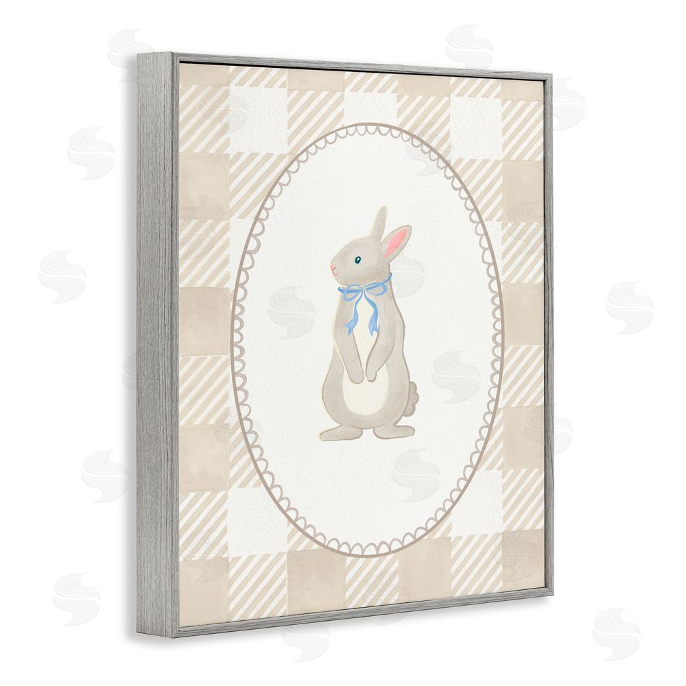 The Paper Curator Bunny on Green Gingham Gray Framed Giclee Wall Art Print