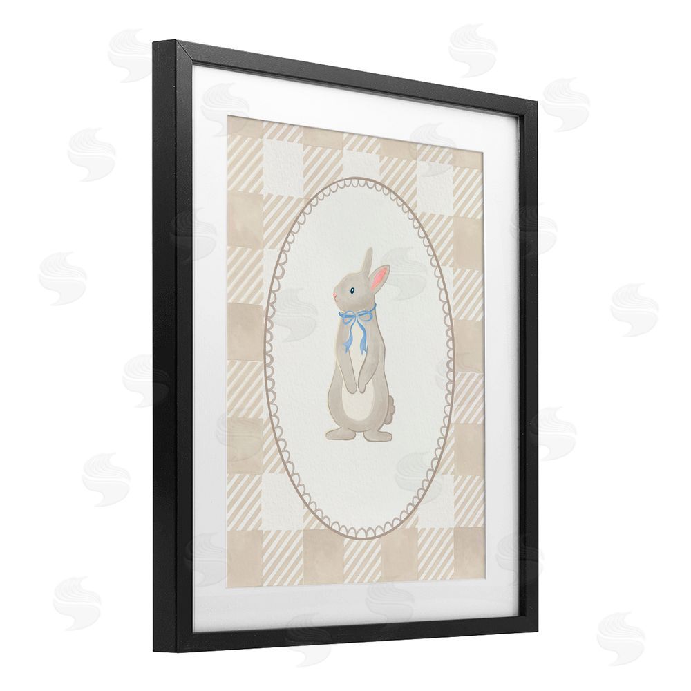 The Paper Curator Bunny on Green Gingham Black Framed Print Under Glass with White Mat Wall Art