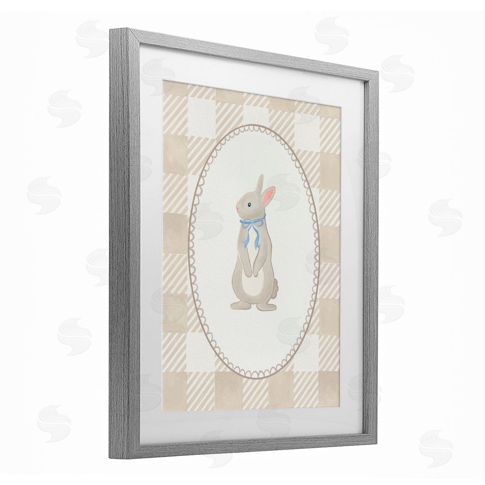 The Paper Curator Bunny on Green Gingham Gray Framed Print Under Glass with White Mat Wall Art